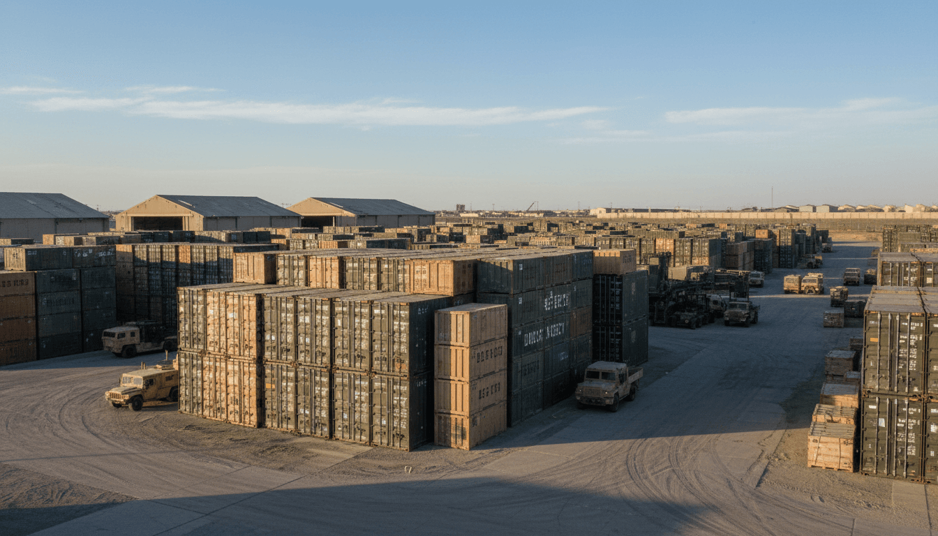 Stacked military cargo containers at a defense logistics depot