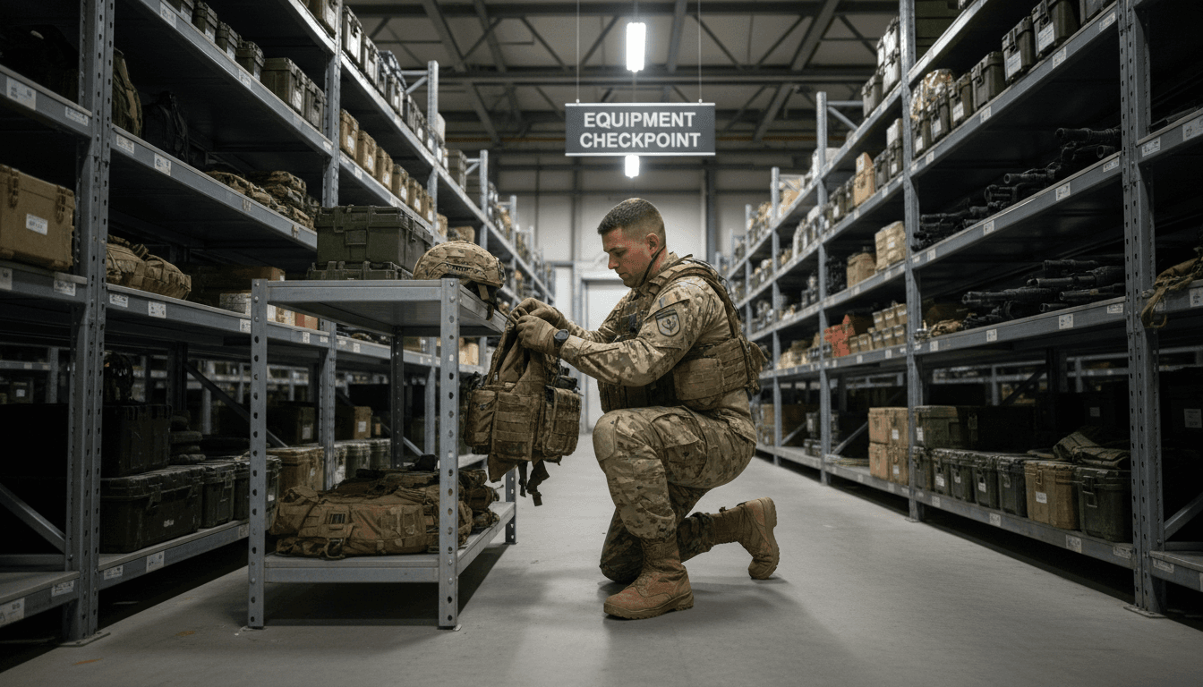 Soldier in tactical gear inspecting a protective vest and helmet in a military supply warehouse