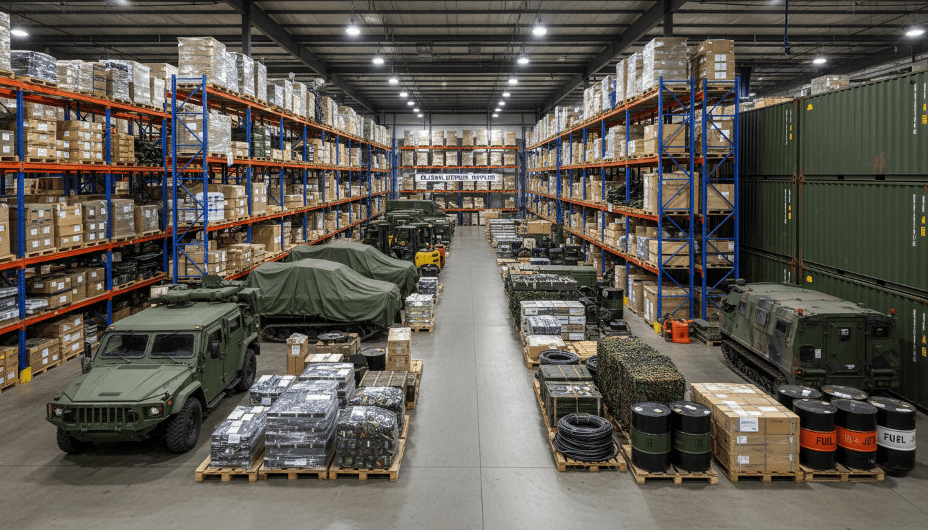 Military equipment and defense supplies in a warehouse