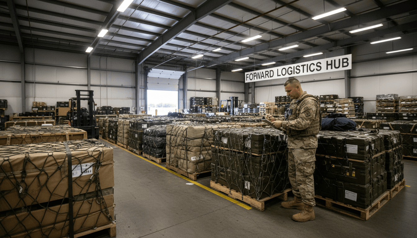 Military logistics officer checking a clipboard beside pallets of equipment in a warehouse