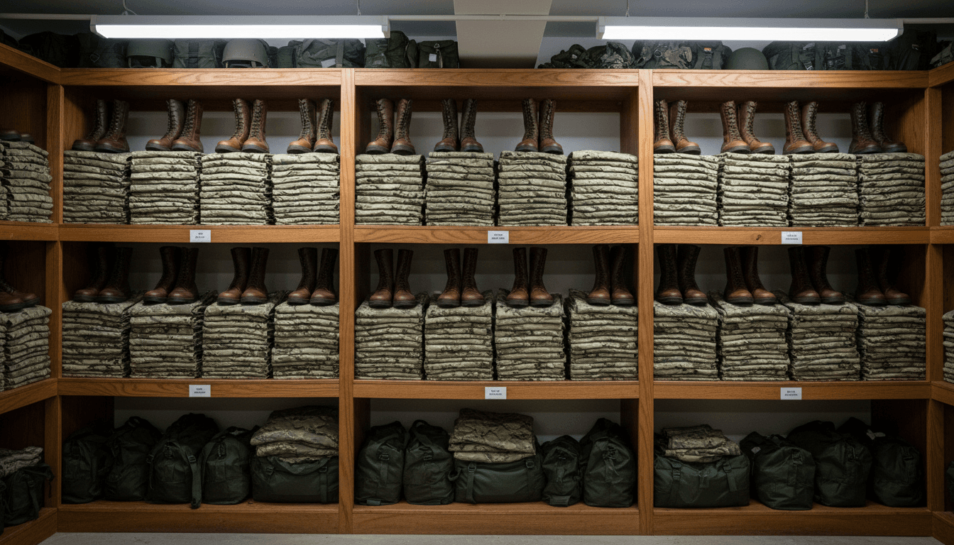 Stack of neatly folded military uniforms and boots on a wooden shelf in a supply room