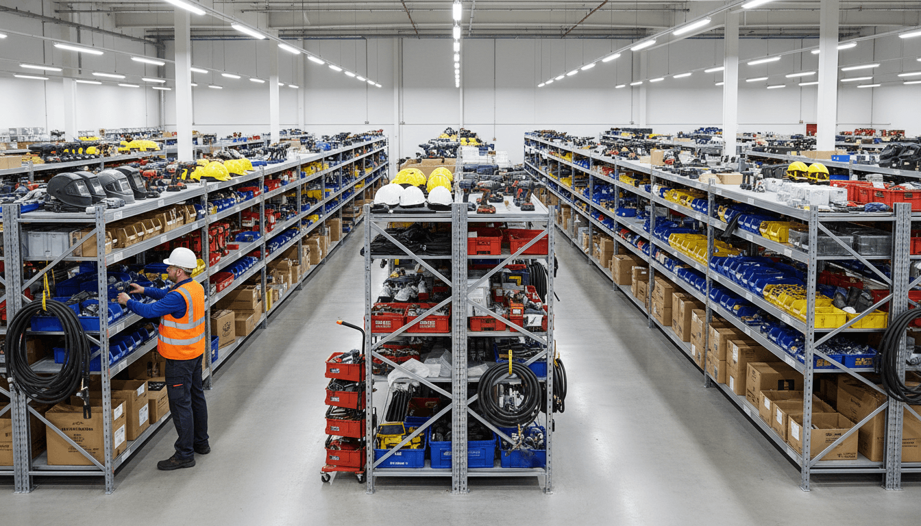 Military equipment on warehouse shelves in dim industrial lighting