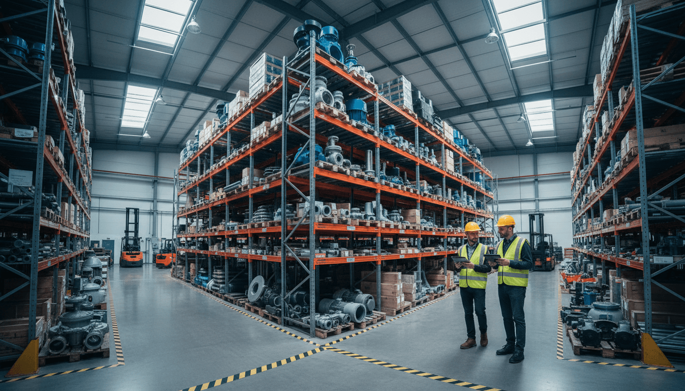 Professional military supplier reviewing equipment specifications in industrial warehouse