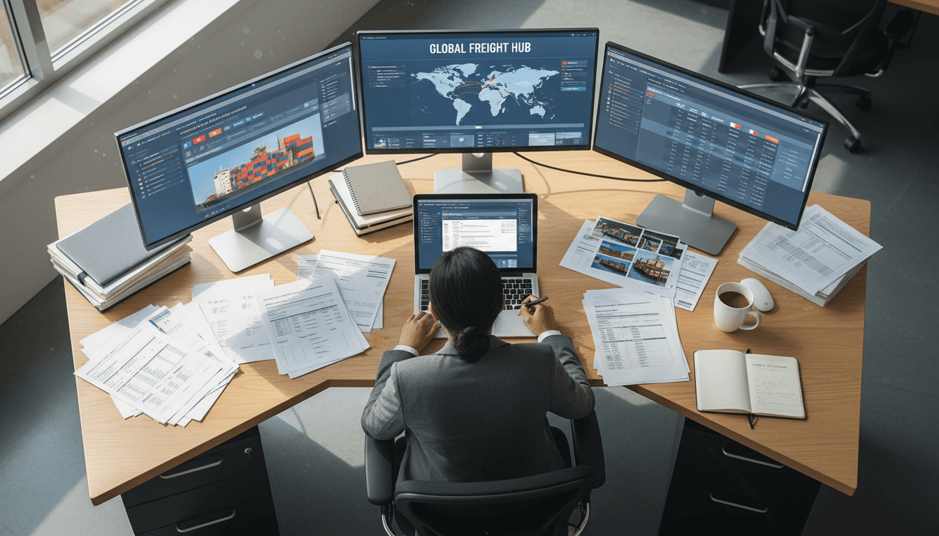Logistics coordinator monitoring shipment progress on a computer screen in a bright office