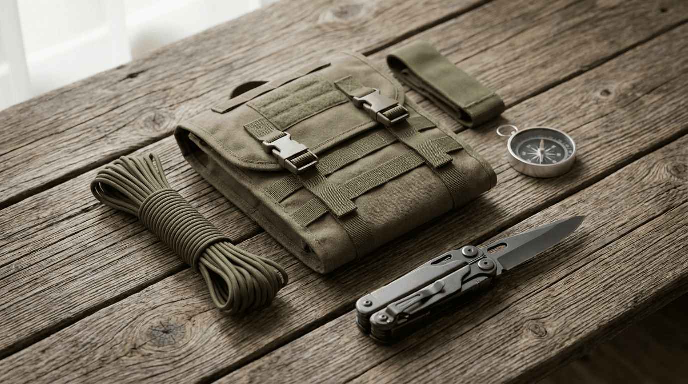 Tactical backpack and field gear arranged on a rugged surface in a supply warehouse