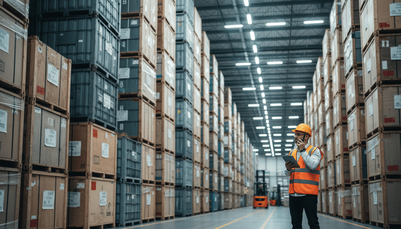 Stacked military-grade cargo crates in a warehouse being inspected against a checklist