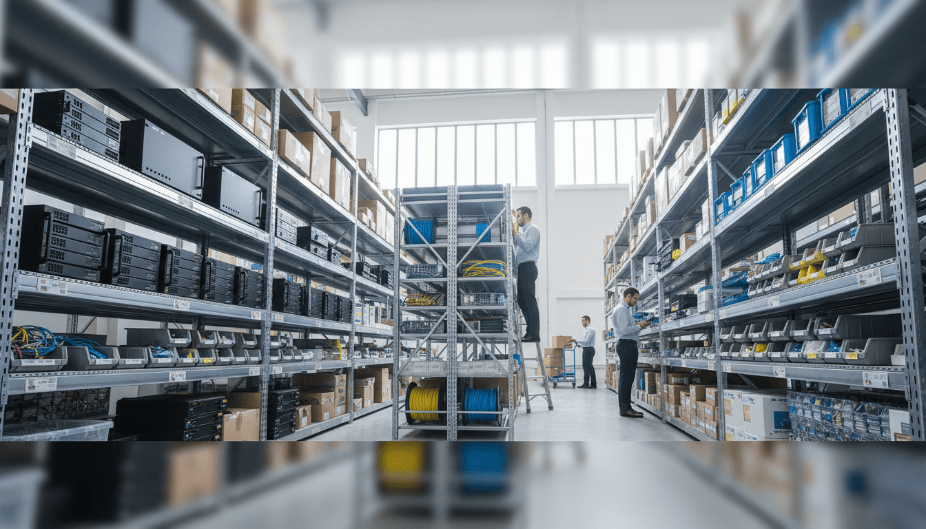 Military-grade equipment and supplies arranged in a secure warehouse