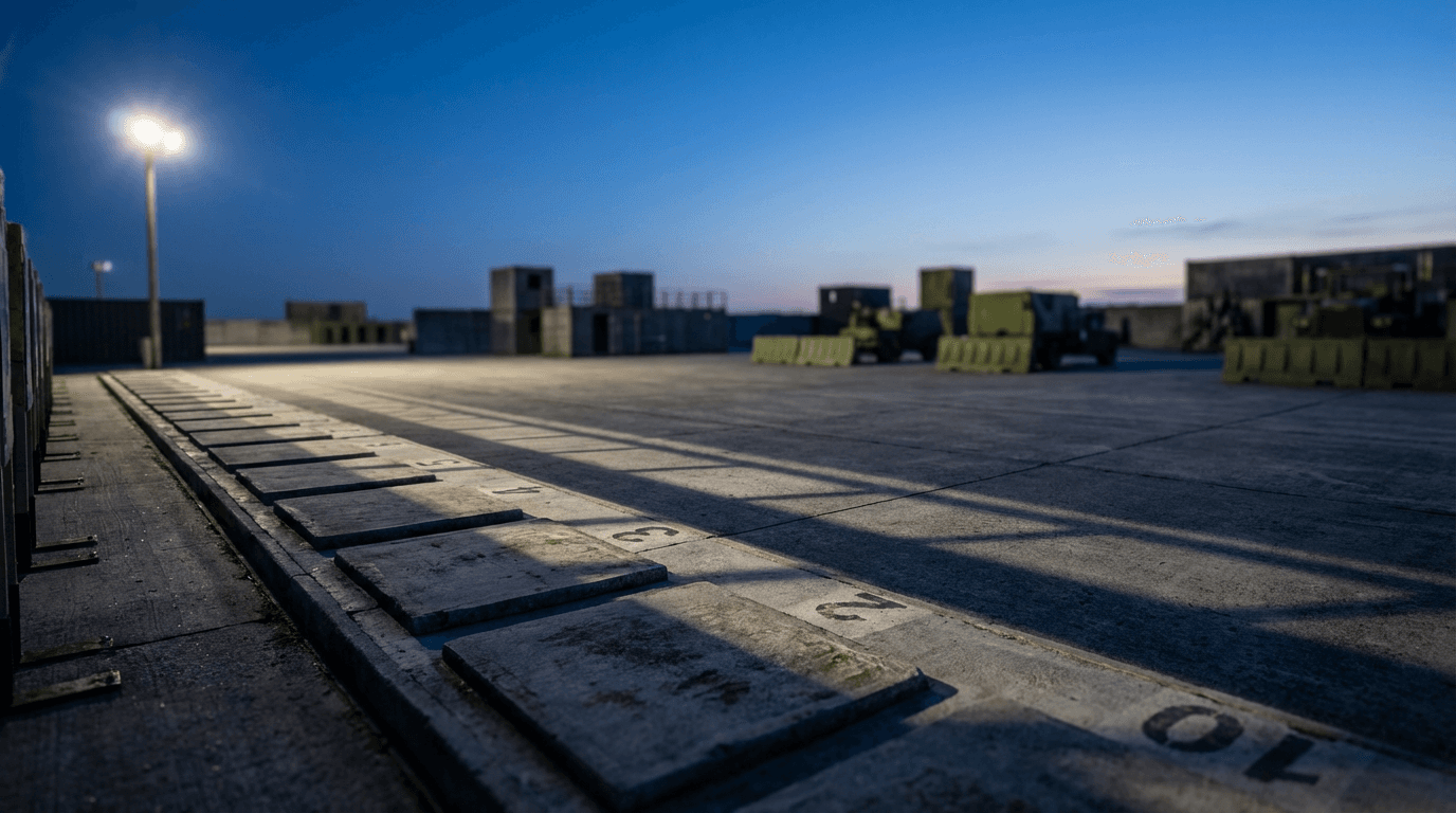 Military equipment arranged in a depot