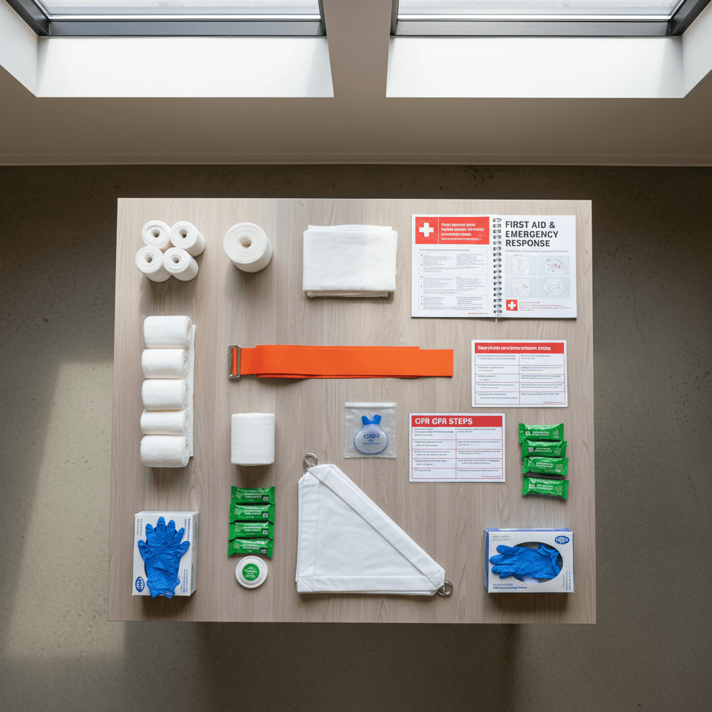 Organized military first aid kit with field dressing supplies on a table