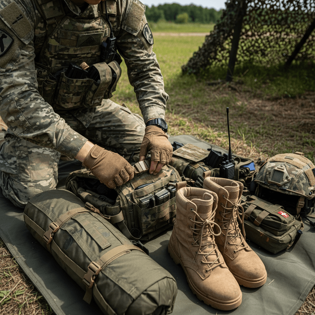 Hands securing straps on a tactical military backpack in a supply depot