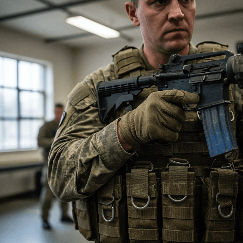 Modern military ballistic helmet and tactical body armor on a storage rack