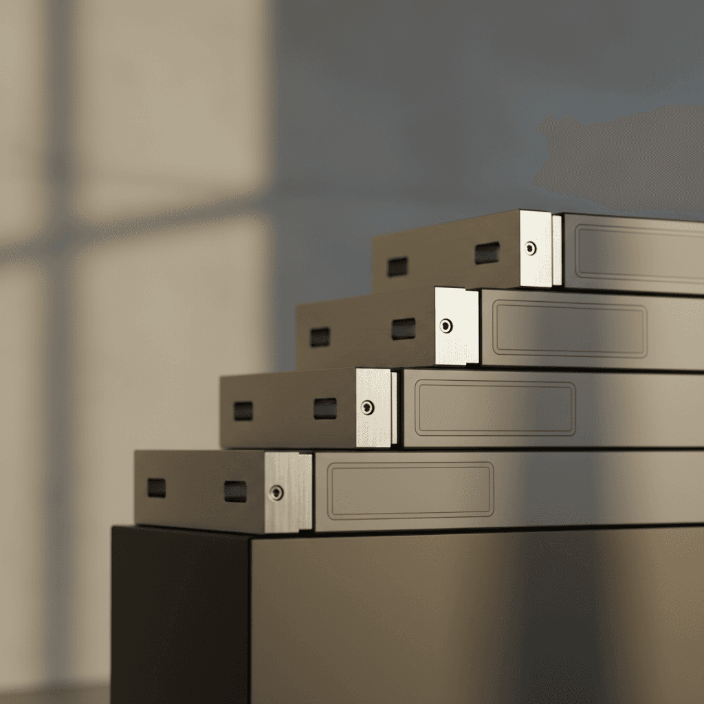 Close-up of modular tactical equipment components arranged neatly